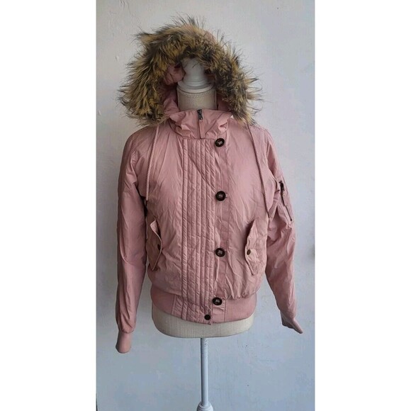 Sam Edelman Pink puffer Bomber Jacket Faux fur hood Size S - Picture 1 of 7